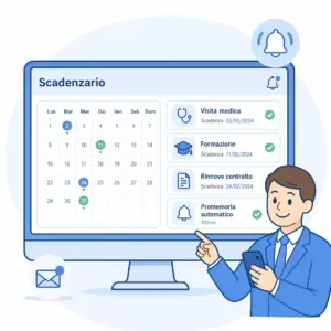 Illustrazione dello Scadenzario HR Consultala con calendario, documenti in scadenza e promemoria automatici
