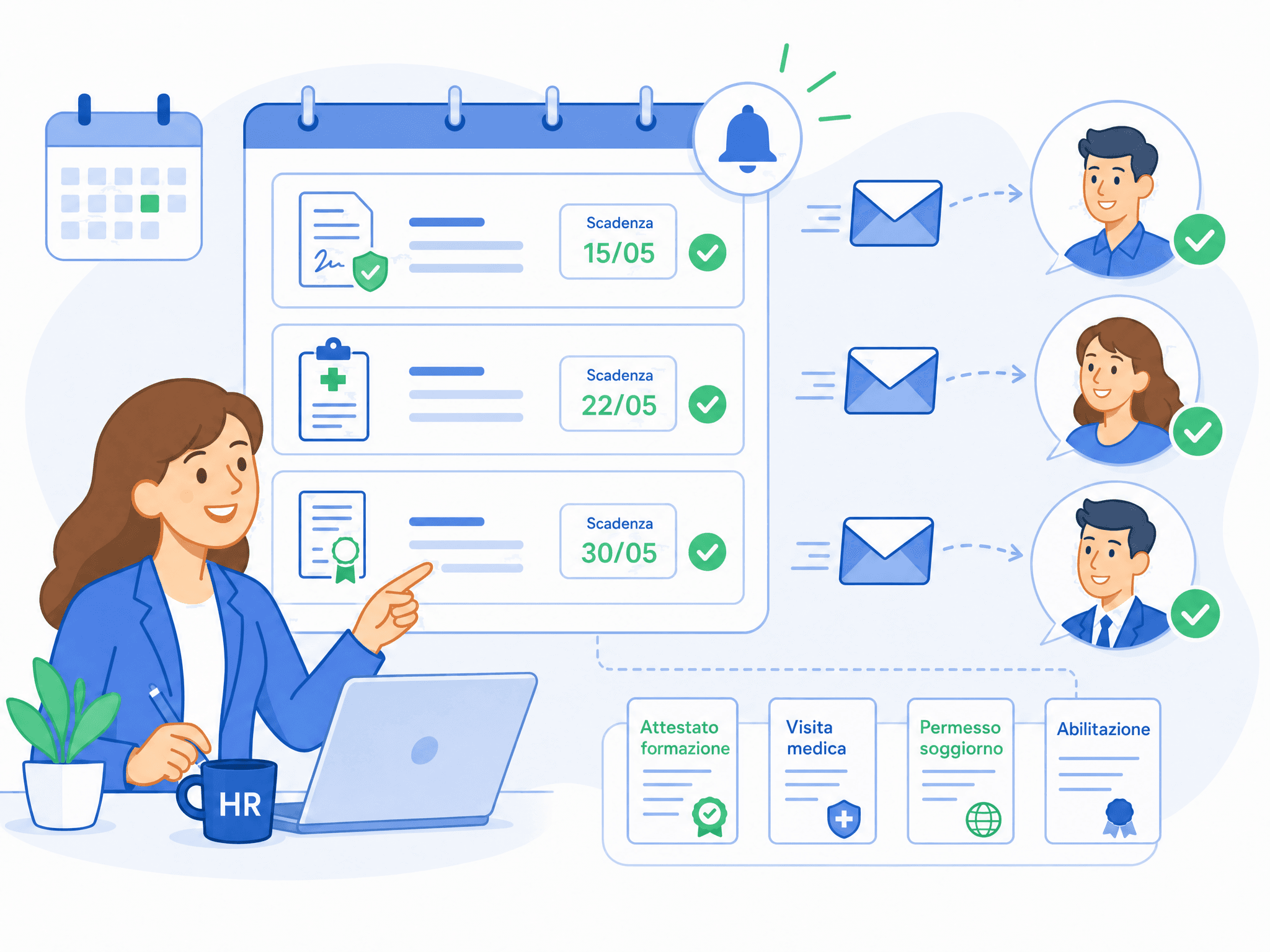 Illustrazione Consultala HR dei promemoria email automatici per attestati formazione visite mediche permessi di soggiorno e abilitazioni