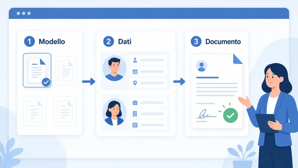 Illustrazione del flusso guidato per scegliere il modello, richiamare i dati e generare il documento