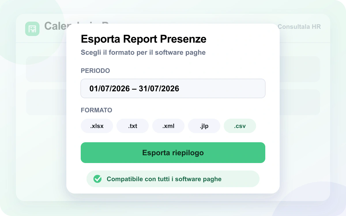 Finestra Consultala HR per esportare il report presenze nei formati xlsx, txt, xml, jlp e csv