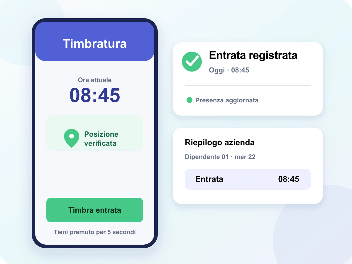 Timbratura Consultala HR alle 08:45 con posizione verificata e presenza aggiornata