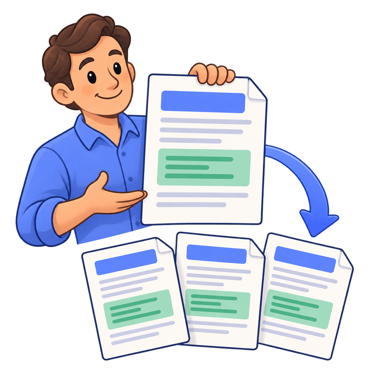 Un modello personalizzato viene riutilizzato per generare più documenti coerenti.