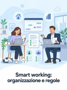 Una collega in smart working e un responsabile in ufficio concordano attività e regole.