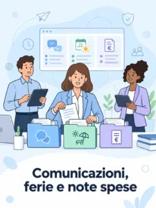 Illustrazione cartoon: integrare comunicazioni, ferie e note spese