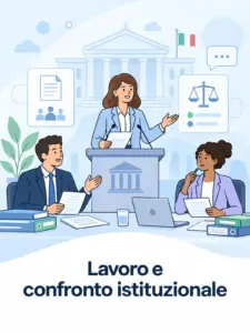 Illustrazione simbolica: due consulenti discutono di lavoro davanti a un podio istituzionale.