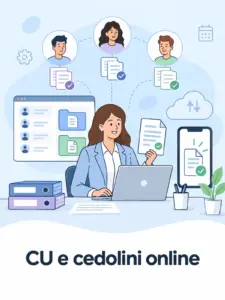 Illustrazione cartoon: certificazione unica digitale e cedolini online