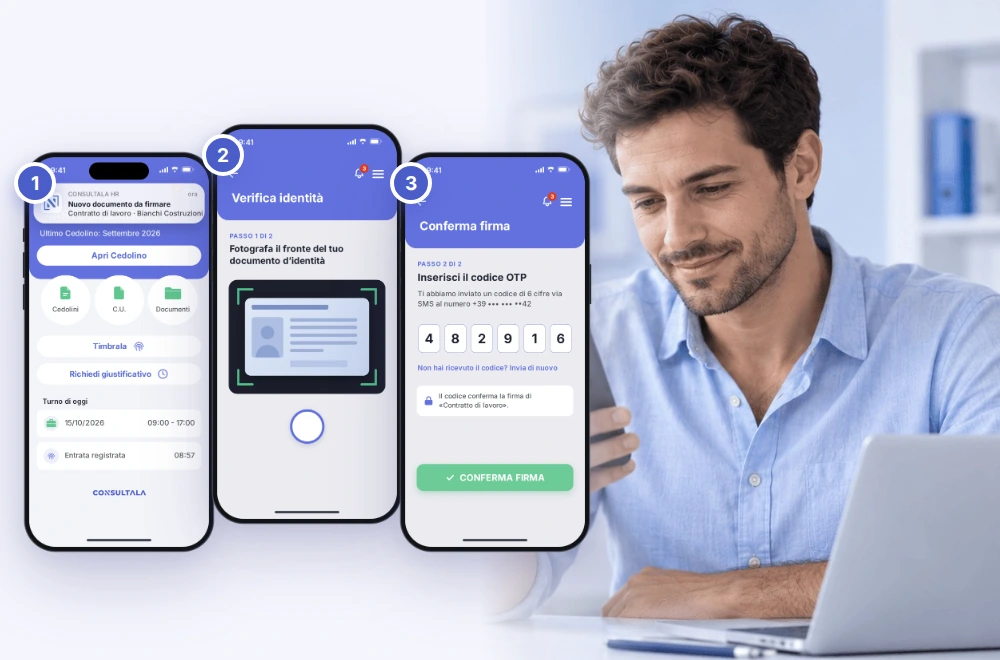Dipendente che firma dallo smartphone: notifica del documento, foto del documento d’identità e codice OTP nell’app Consultala HR