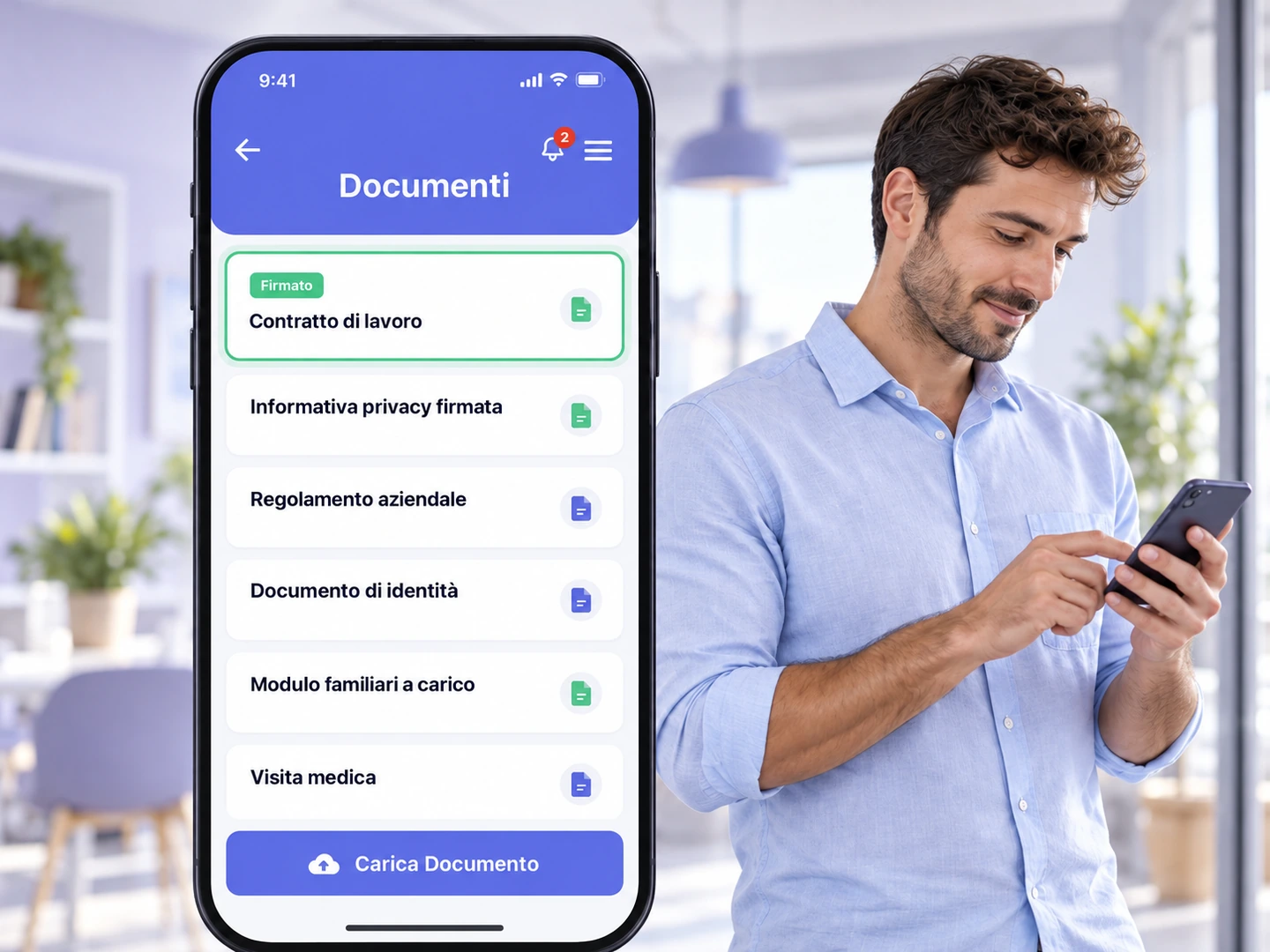 App del dipendente sullo smartphone con il contratto nello stato Firmato.